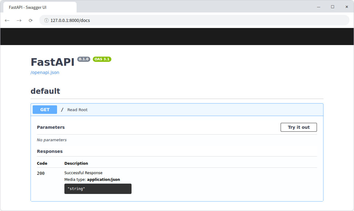 http://127.0.0.1:8000/docs で表示される、FastAPIの自動ドキュメント画面(Swagger UI)